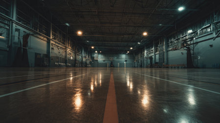A serene and empty gymnasium featuring a reflective wooden floor and dim lighting, ideal for sports activities or artistic photography in an urban setting.の素材