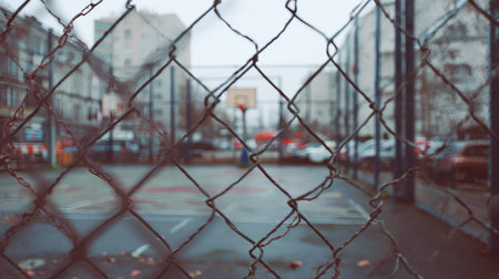 This image features an urban basketball court framed by a chain link fence, creating a unique perspective. The blurred background includes buildings, and an overcast sky adds an atmospheric touch.の素材