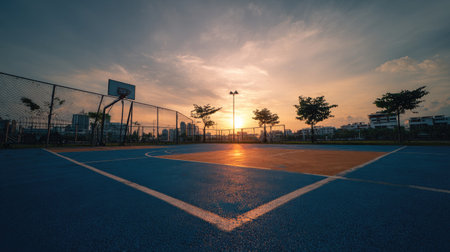 A vibrant urban basketball court at sunset, featuring striking colors of blue and orange. The scene captures tranquility and recreation in a city landscape.の素材