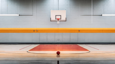 A minimalist view of a basketball court featuring a single basketball on the floor, surrounded by a spacious gym environment, perfect for sports-related projects.の素材
