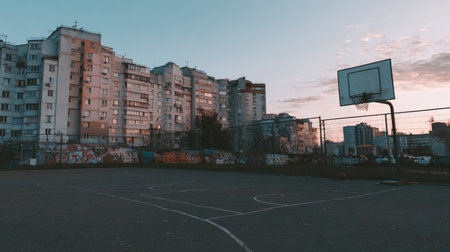 A vibrant urban basketball court sits beneath high-rise buildings, adorned with colorful graffiti. The sunset casts a warm glow, capturing the essence of city life and leisure.の素材