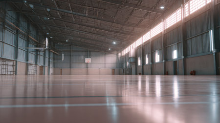 Indoor basketball court featuring a polished floor and bright windows, creating a serene environment for sports activities and community events in modern architecture.の素材