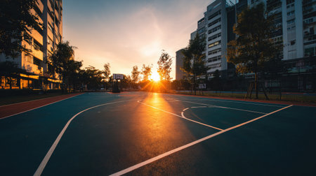 A stunning sunset casts a warm glow over an empty urban basketball court, framed by modern buildings and dotted with trees, creating a tranquil evening scene.の素材