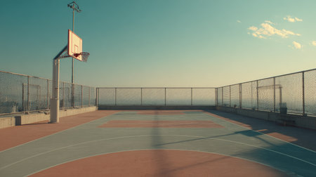 Explore the beauty of an empty rooftop basketball court bathed in golden hour light, offering a serene urban retreat for sports and recreation enthusiasts.の素材