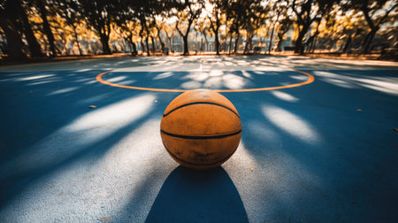 A vibrant orange basketball rests on a blue court, surrounded by sunlight and green trees, evoking a sense of outdoor fun and sports energy in a park setting.の素材