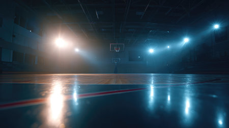 A captivating view of an indoor basketball court featuring dramatic lighting and reflections on the polished hardwood floor, creating a moody and atmospheric scene.の素材