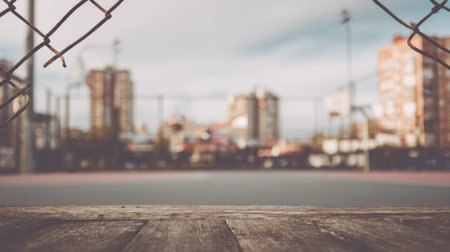 This image shows a wooden viewpoint through a metal fence overlooking an empty sports court with a blurred urban backdrop, capturing a serene urban lifestyle.の素材