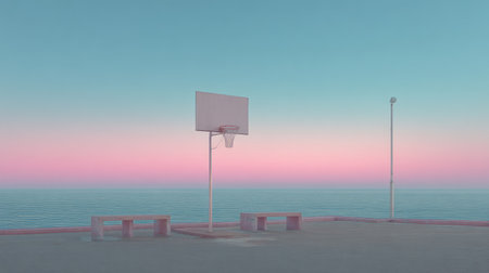 A peaceful basketball court overlooking calm ocean waters at dusk, with a vibrant pink and blue sky, creating a serene atmosphere for inspirational projects.の素材