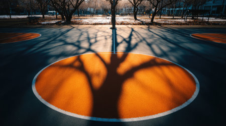 Experience the serene beauty of a basketball court as tree shadows dance across vibrant orange circles, capturing the essence of tranquility in a park setting.の素材
