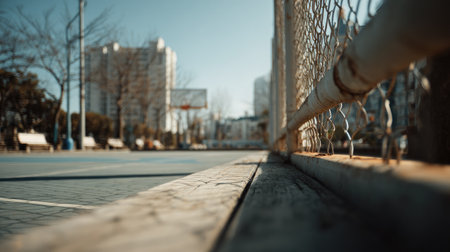 A captivating perspective of a basketball court framed by a chain link fence. The urban setting under bright sunlight invites active play and outdoor enjoyment.の素材