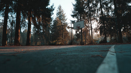 A tranquil outdoor basketball court nestled among tall trees captures the essence of morning light, blending nature with the spirit of sport and leisure.の素材