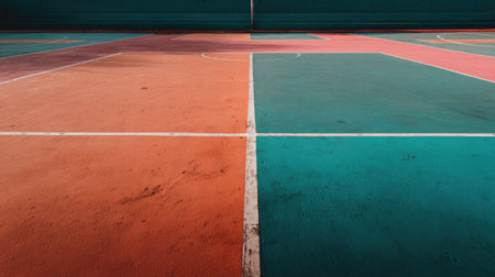 This image captures a stunning view of a colorful basketball court, featuring distinct segments and vibrant hues that create a captivating urban environment perfect for play.の素材