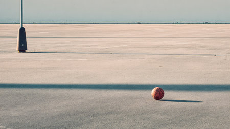 A solitary basketball sits on an empty concrete court cast in morning light. This minimal scene captures a sense of tranquility and solitude, perfect for contemplation.の素材