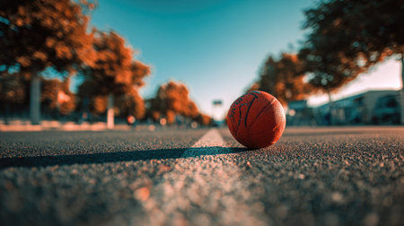 This striking image features a bright orange basketball resting on an urban street, surrounded by trees under a soft golden light, epitomizing outdoor sports vitality.の素材