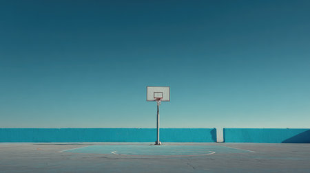 A tranquil basketball court scene featuring an empty hoop against a clear blue sky, inviting in its minimalistic design and open atmosphere ideal for creative projects.の素材