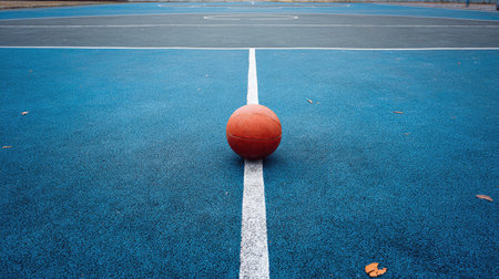 A vibrant basketball rests on a stark white court line against a bright blue surface, creating a dynamic focal point for sports enthusiasts and urban recreation.の素材