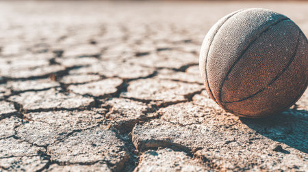A lone basketball rests on a sunbaked, cracked ground, symbolizing the intersection of sports and environmental change in urban settings, inviting reflection on resilience.の素材