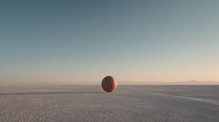 A solitary basketball sits on a vast, serene landscape, blending nature and sport. The scene captures tranquility and beauty under a soft blue sky at dusk.の素材