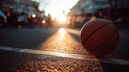 A vibrant basketball rests on an urban street as the sun sets, creating an energetic atmosphere. Perfect for conveying themes of community and active lifestyle.の素材