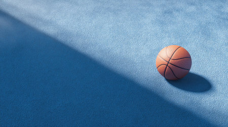 A close-up view of a basketball resting on a blue court, showcasing the soft textures and shadows. This image captures the essence of sport and active lifestyle.の素材