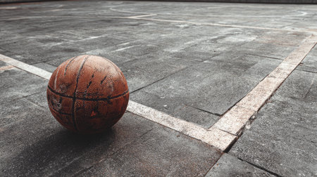 A solitary basketball rests on a deserted court, showcasing its worn texture and contrasting markings, symbolizing the spirit of street basketball and outdoor play.の素材