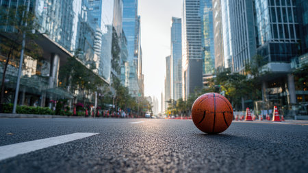A vibrant basketball rests on an empty urban street, flanked by towering skyscrapers. The scene captures a unique blend of sport and city life, evoking a sense of adventure.の素材