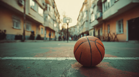 A close-up view of a lone basketball on an outdoor court, capturing an urban setting at sunset. The image conveys a sense of leisure and inviting energy for community play.の素材