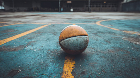 A vibrant basketball rests on a worn outdoor court, showcasing the textures of the surface and evoking a lively atmosphere of sports and community engagement.の素材