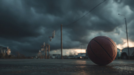 A solitary basketball rests on an empty court beneath a moody sky, capturing a moment of stillness amidst the urban drama of an approaching storm.の素材