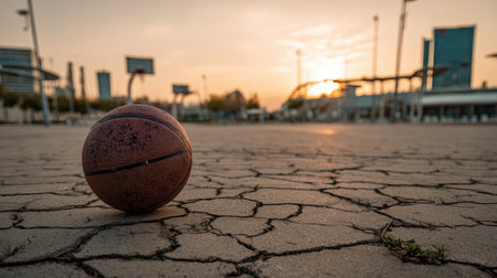 A lone basketball rests on the cracked surface of an empty playground during a vibrant sunset. The urban backdrop enhances the serene mood, ideal for themes of sport and solitude.の素材