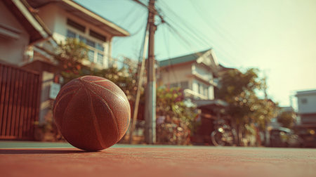 A captivating image of a basketball resting on an outdoor court, framed by a serene urban neighborhood, captures the essence of community and leisure activities at sunset.の素材