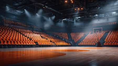 This spacious basketball arena features rows of empty orange seats and a polished wooden court, illuminated by vibrant lights, ideal for promoting sports events and activities.の素材