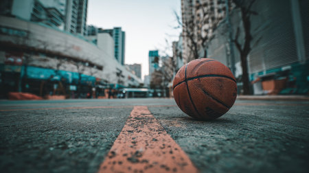 A vibrant basketball rests on an urban street, capturing the essence of city life. The scene showcases architecture, trees, and a lively atmosphere perfect for sports.の素材