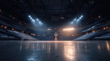 Dramatic view of an empty basketball arena showcasing the court under bright spotlight beams, emphasizing readiness for events and the anticipation of spectators.の素材