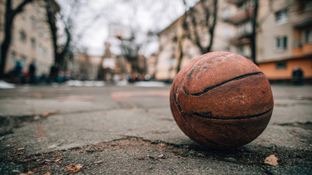 A close-up view of a worn basketball resting on a gritty urban playground, surrounded by winter trees and buildings, capturing the essence of street sports and community play.の素材