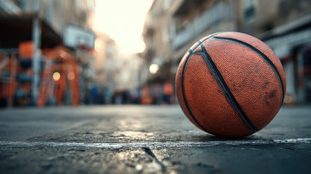 This captivating image features a basketball on a gritty urban street, capturing the spirit of outdoor sports and the vibrant atmosphere of community play and fun.の素材