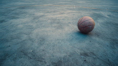 A lone basketball rests on a blue-textured court, encapsulating the essence of sports and recreation in an outdoor setting filled with natural light and shadows.の素材