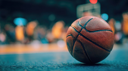 A stunning close-up of a basketball resting on the court, capturing the vibrant atmosphere of an energetic game with blurred players in the background.の素材
