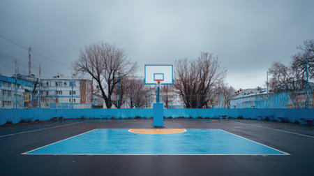 An empty basketball court fills the frame, showcasing vibrant blue and orange colors against a dramatic gray sky, surrounded by dormant trees and urban buildings.の素材