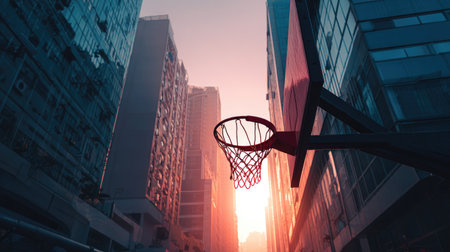 A striking urban scene featuring a basketball hoop silhouetted against skyscrapers during sunset, capturing a moment of athletic spirit and city life.の素材