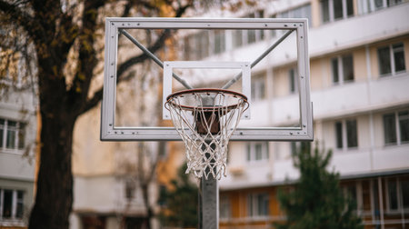 Classic urban basketball hoop and net set against a backdrop of residential buildings. This image captures a serene moment in a city park during late autumn.の素材