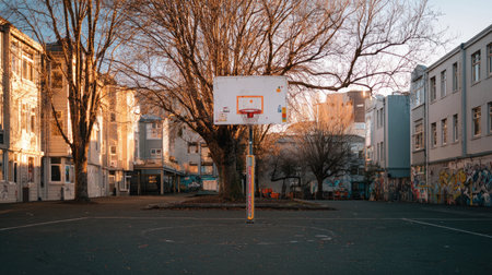 A serene sunset illuminates an abandoned basketball court surrounded by bare trees and urban buildings, evoking a sense of nostalgia and tranquility in the environment.の素材