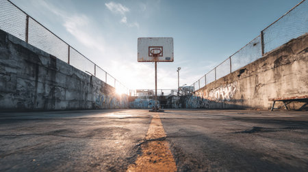 A striking urban basketball court scene captures the essence of solitude and sport, showcasing a single hoop under an expansive blue sky at sunset.の素材