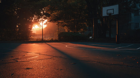 A peaceful basketball court captures the beauty of sunset, casting long shadows on the ground. It offers a quiet atmosphere, perfect for sports lovers and nature enthusiasts.の素材