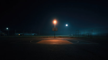 A serene nighttime view of an empty basketball court illuminated by a streetlight and moonlight, evoking a sense of solitude and tranquility in urban settings.の素材