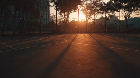 A serene sunset scene featuring a basketball court, with long shadows stretching across the asphalt. The warm glow of the evening sun casts a peaceful atmosphere.の素材