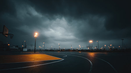 An empty basketball court illuminated by street lights under a dramatic cloudy sky, creating a moody atmosphere in an urban landscape during dusk.の素材
