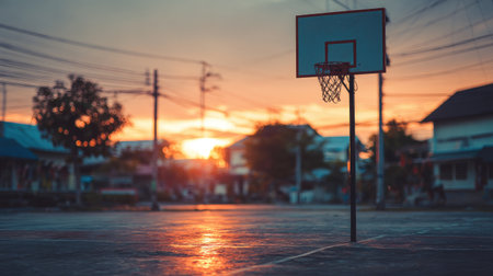 Captivating view of an outdoor basketball court during sunset, highlighting a single hoop against a vibrant sky. Perfect for showcasing sports and urban lifestyle.の素材