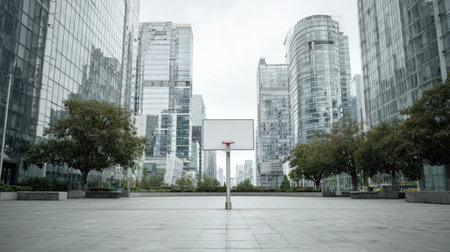 An urban basketball court stands alone amidst tall skyscrapers, creating a serene yet vibrant atmosphere. Lush greenery adds contrast, enhancing urban lifestyle.の素材