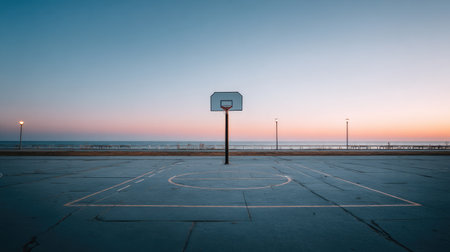 An empty basketball court is set against a stunning sunset, showcasing calming hues of blue, pink, and orange over the ocean and horizon.の素材
